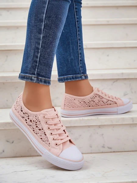 Kalipso Pink Women's Fabric Sneakers – Openwork Flat Sneakers
