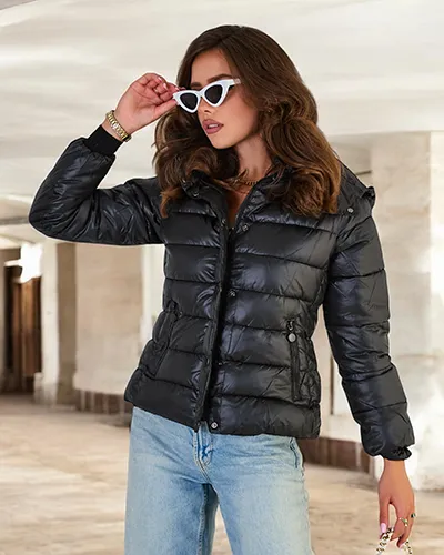 Royalfashion Black women's quilted jacket with hood