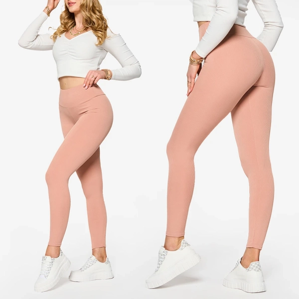 Pink women's ribbed leggings - Clothing