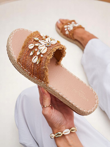 Royalfashion Callista Boho Camel Flat Platform Sandals with Shells