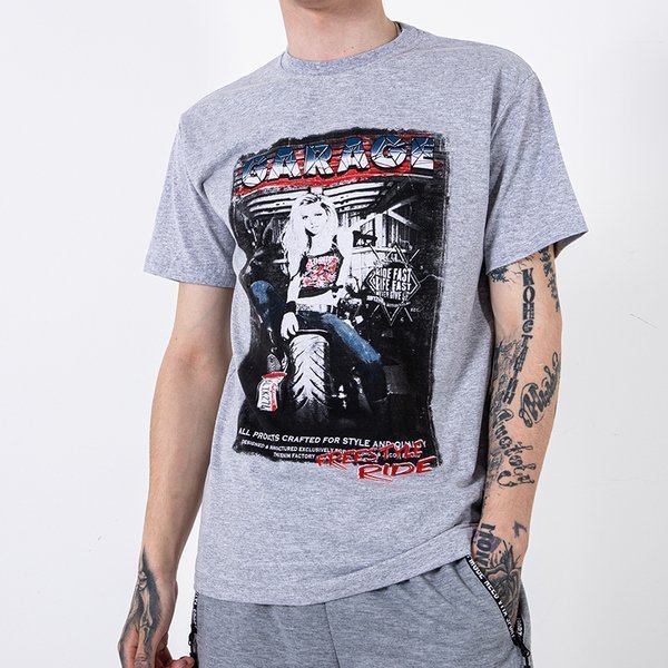 Light gray cotton men's t-shirt with print and inscription - Clothing