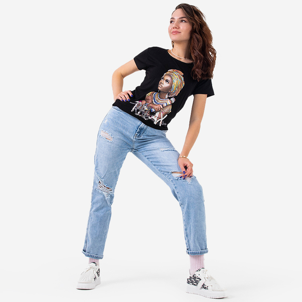 Black women's t-shirt with colored print and sequins - Clothing