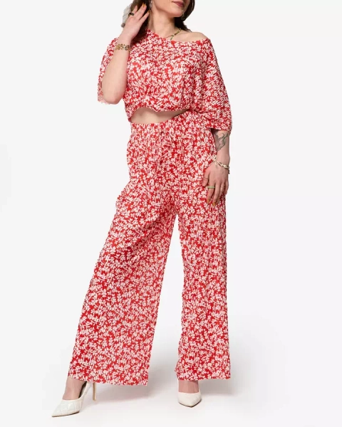 Red women's pleated set with black flowers - Clothing