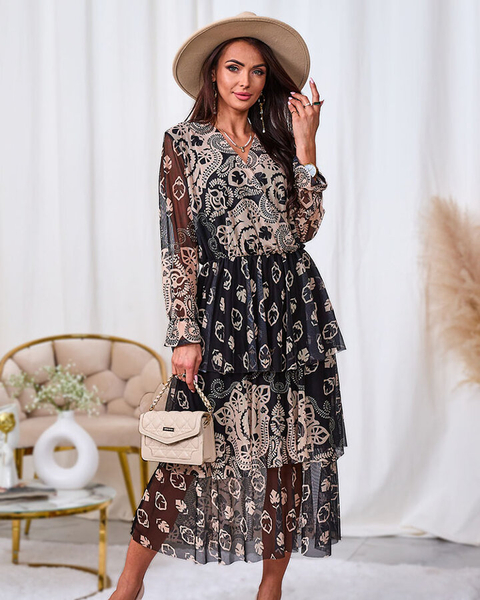 Royalfashion Black and beige mesh midi dress with print