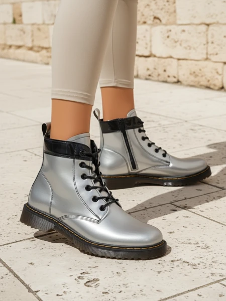 Women's Silver Celestina Eco Patent Leather Ankle Boots with Zipper