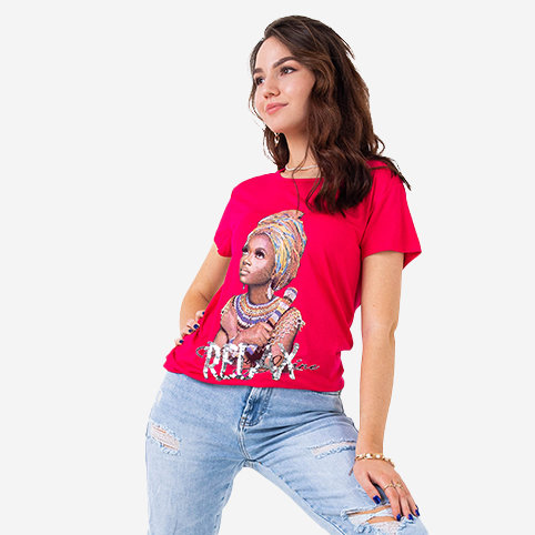 Fuchsia women's t-shirt with colorful print and sequins - Clothing