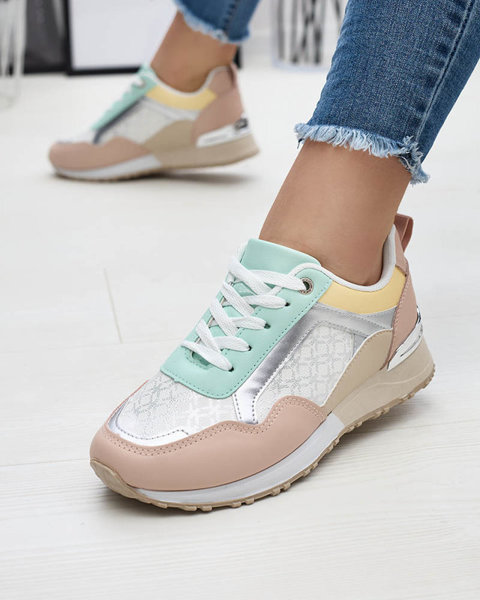 Women's beige and pink lace-up sports shoes Mnerio- Footwear