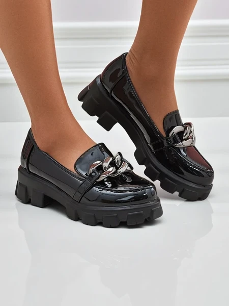 Women's Hera Nero loafers made of patent eco-leather with a chain, spring