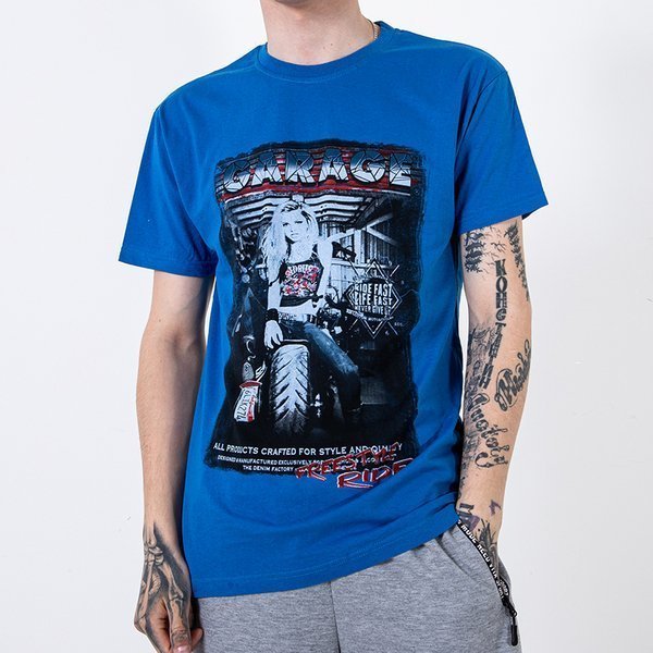 Men's cobalt cotton t-shirt with print and inscription - Clothing