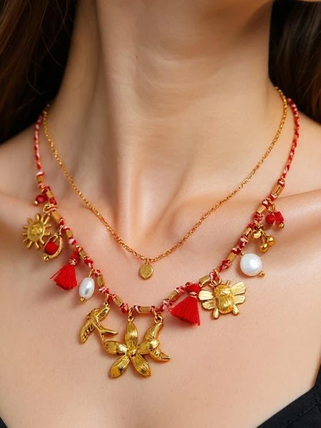 Aurora Floralis Necklace - Golden Charms and Pearls Eleganza