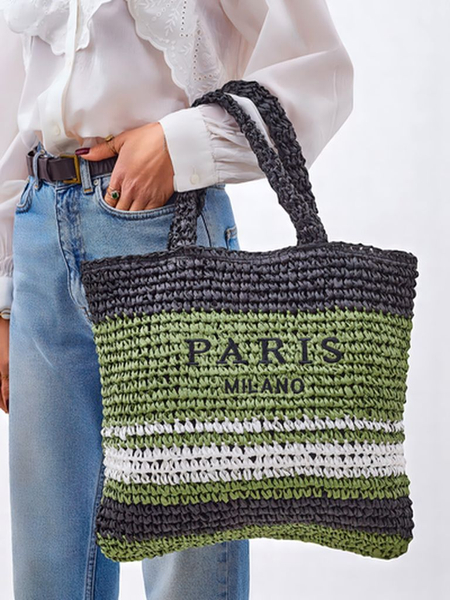Large Parisian-striped straw women's bag