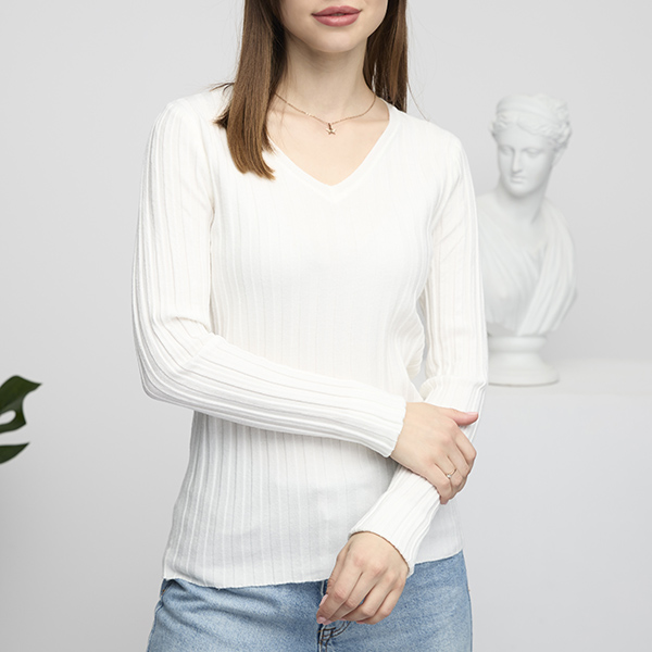 Women's White Ribbed Sweater - Clothing