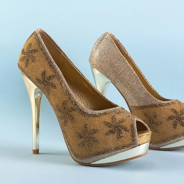 OUTLET Gold brocade women's stilettos with zircons Yilla - Footwear