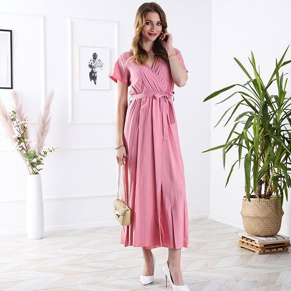 Women's pink long dress with slit - Clothing
