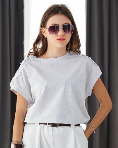 Royalfashion Cotton women's t-shirt with lace sleeves