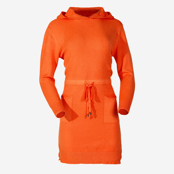 Orange women's sweater tunic with hood - Clothing