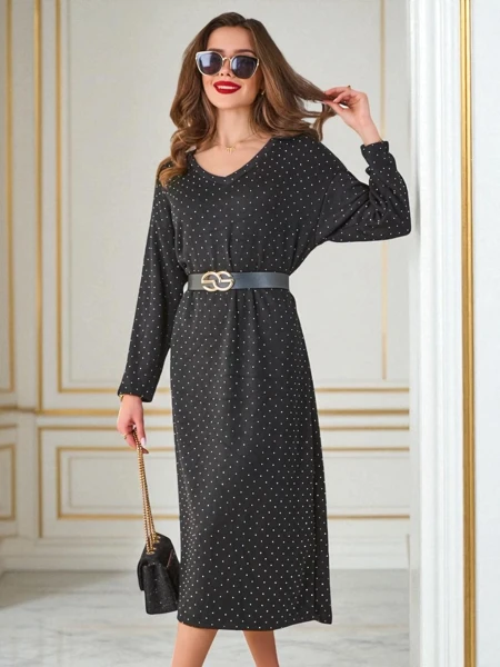Penelope nero midi dress with long sleeves in small polka dots, elegant
