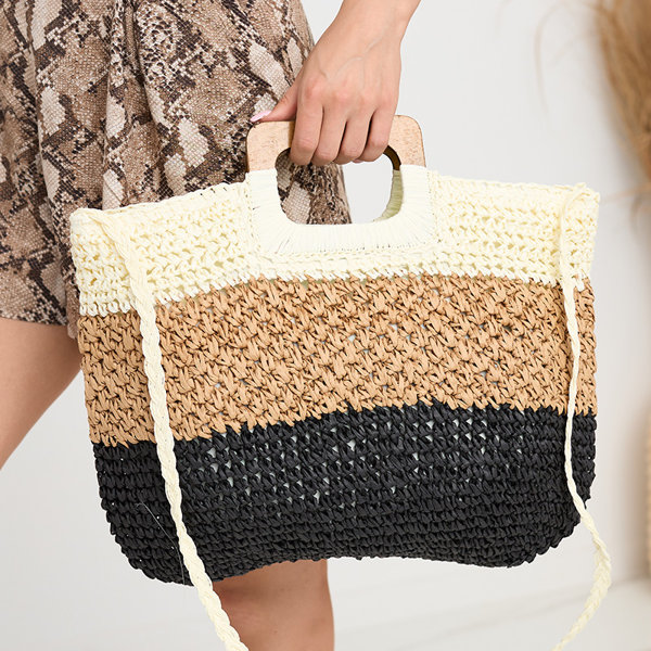 Black and beige straw large striped women's handbag - Accessories