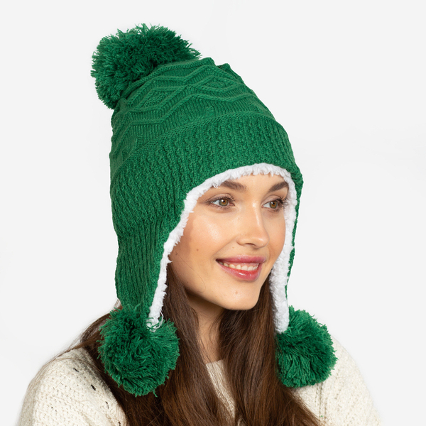 Women's dark green insulated hat with pompoms - Accessories