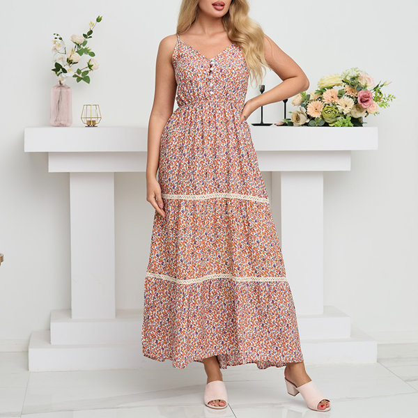 Women's orange long dress with colorful flowers - Clothing