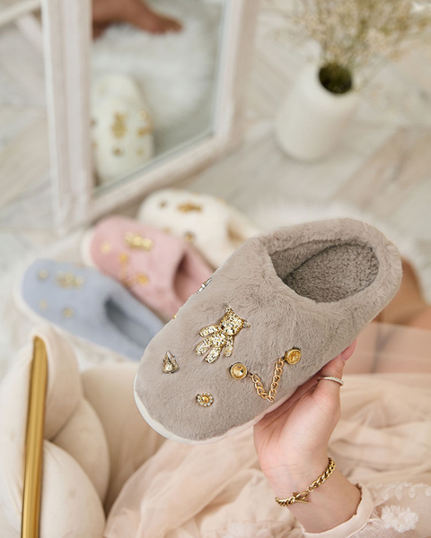 Royalfashion Grey women's fur slippers with ornaments Erserra