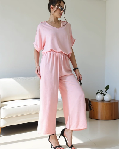 Royalfashion Women's casual set with short sleeve blouse and wide trousers