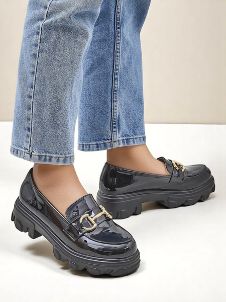 Royalfashion Patent Leather Women's Loafers with Decoration Black Velvet