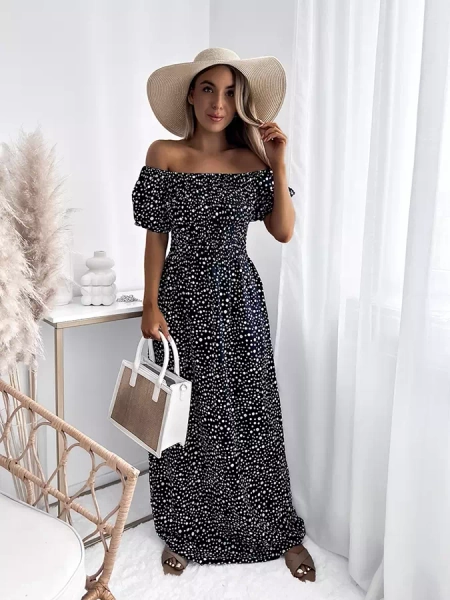 Navy blue women's maxi dress with peas- Clothing