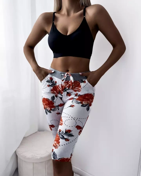 Women's white 3/4 length shorts with red flowers PLUS SIZE - Clothing