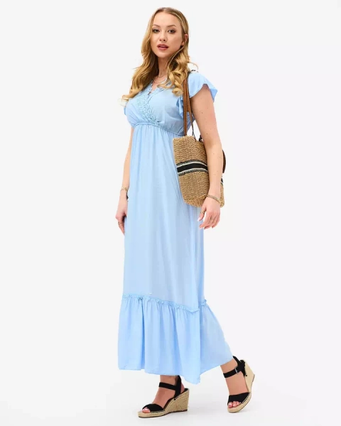 Women's blue long dress with lace - Clothing