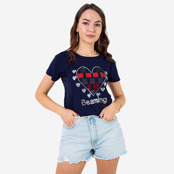 Navy blue women's t-shirt with print - Clothing