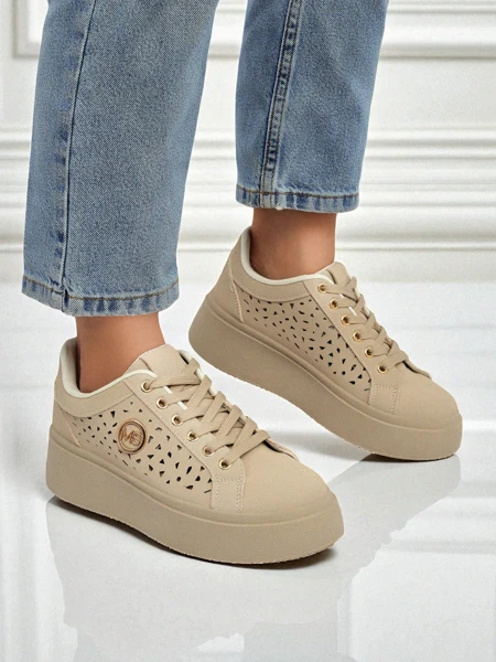 Cleo Ecru Platino – beige platform sneakers Royalfashion eco leather