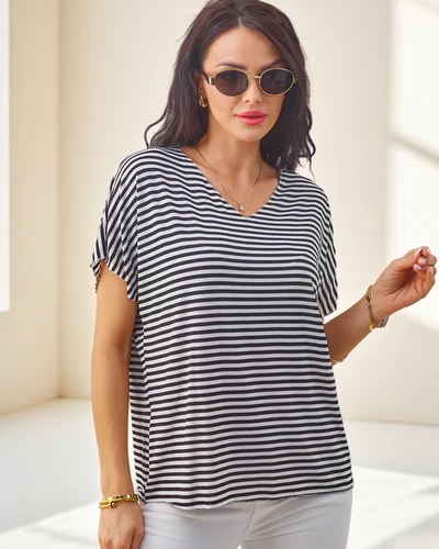 Royalfashion Women's viscose striped blouse with short sleeves and glitter finish