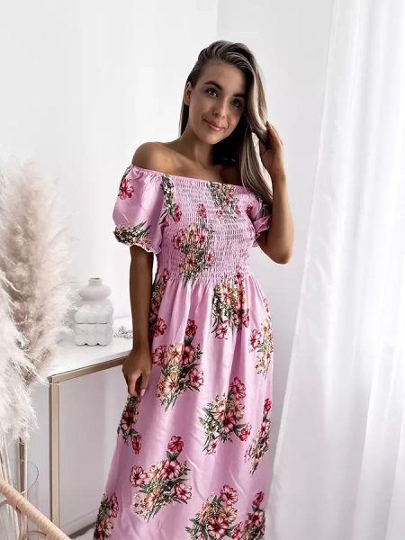 Women's pink midi dress with floral pattern - Clothing
