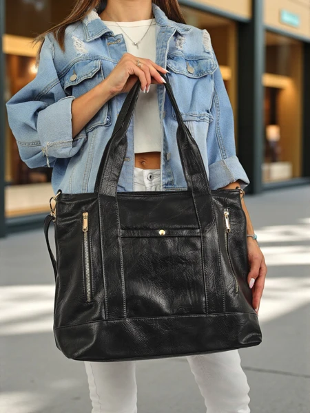 Nerina women's eco-leather handbag - black Italian shopper with zipper