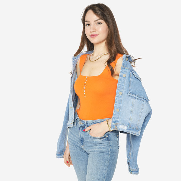 Orange women's top with cubic zirconia a'la buttons- Clothing