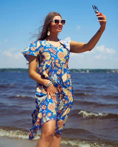 Royalfashion Cobalt women's dress with colorful floral pattern