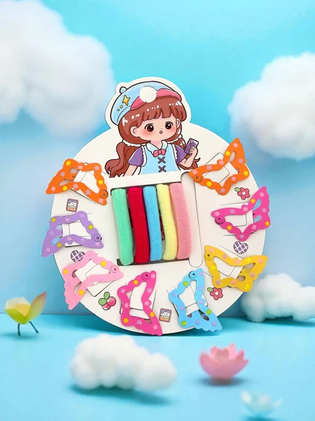 Set of colorful hair clips and hair ties for children