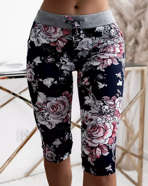 Royalfashion Navy blue and coral women's 3/4 shorts with floral pattern PLUS SIZE