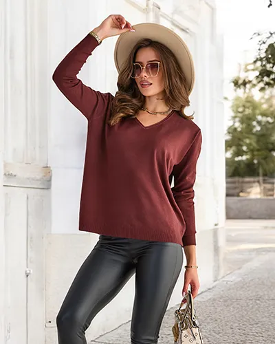 Royalfashion Dark brown women's sweater with heart neckline
