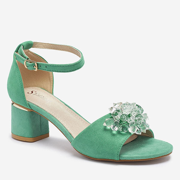 Green women's sandals on a post with decorative crystals Cerosso- Footwear