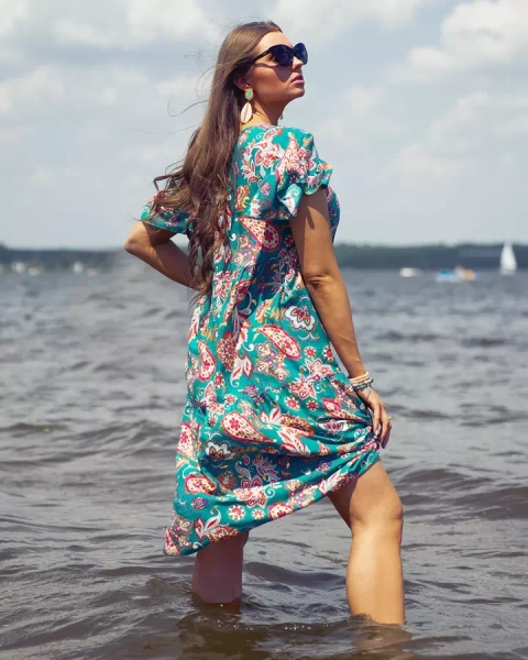 Royalfashion Green women's dress with colorful floral pattern