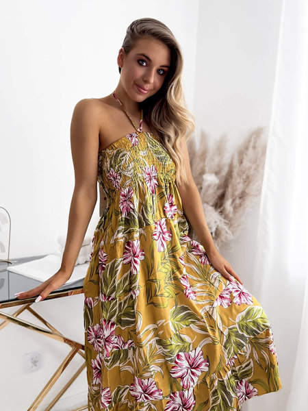 Yellow women's midi dress with floral pattern - Clothing