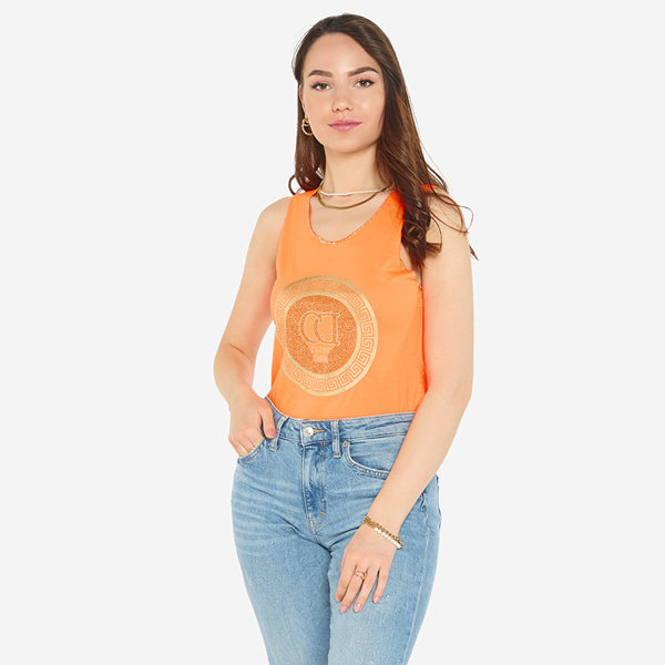 Neon orange blouse with straps with print and cubic zirconia - Clothing