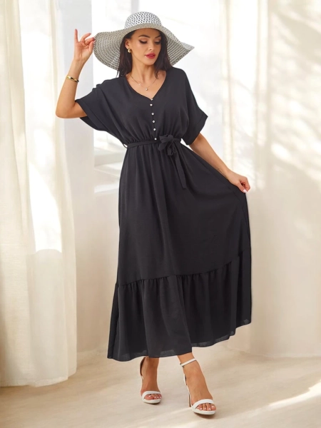 Royalfashion Women's midi dress with short sleeves and decorative buttons