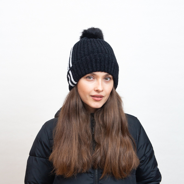 Black insulated beanie with white stripes and pompom - Accessories