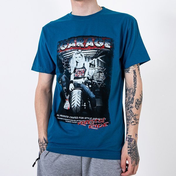 Turquoise cotton men's t-shirt with print and inscription - Clothing