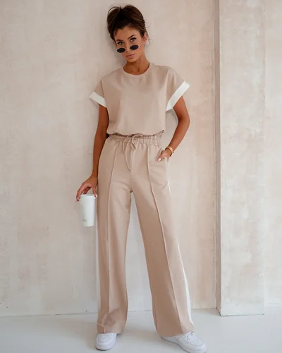 Royalfashion Women's Cotton Set with Short Sleeves and Flared Pants