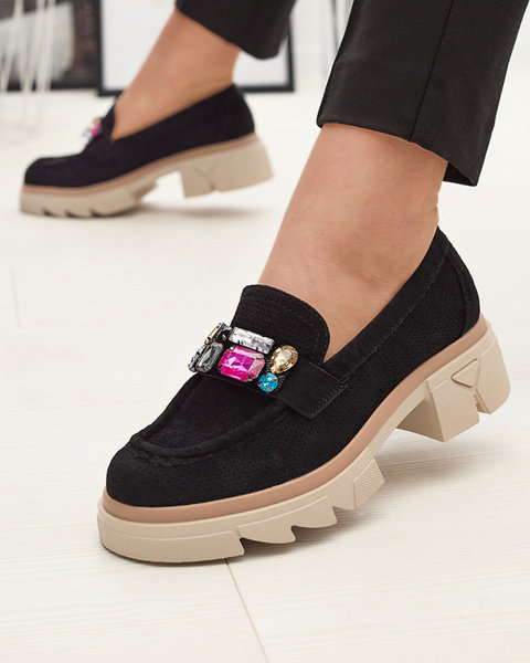 Black openwork women's moccasins with Bokkso decoration- Footwear