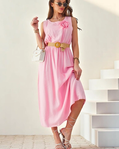 Royalfashion Women's midi dress with straps, featuring a round neckline with a decorative flower